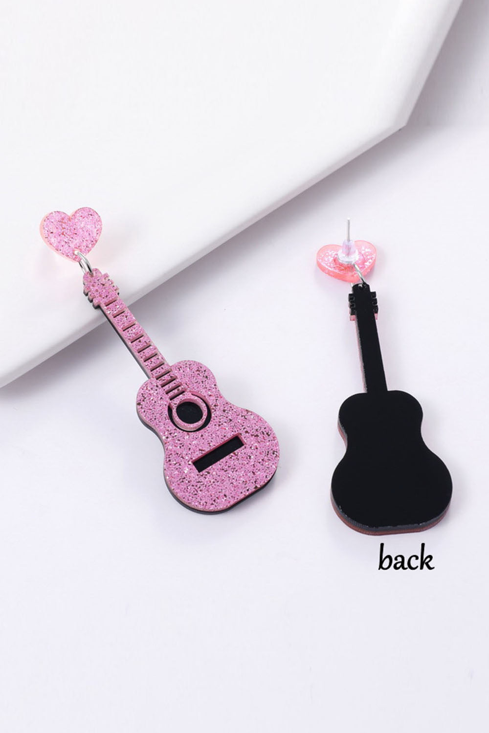Pink Shiny Guitar Love Music Festival Heart Stud Earrings