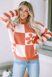 Brown Checkered Floral Print Striped Sleeve Sweater