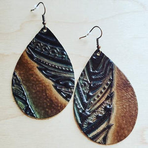 Earrings in Embossed Tan/Turquoise Feathers