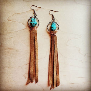 Turquoise drop earrings w/ suede leather tassel