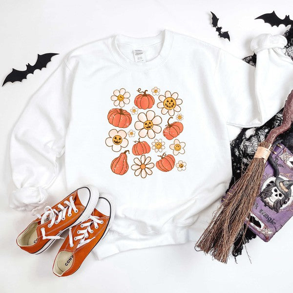 Distressed Flowers And Pumpkins Graphic Sweatshirt
