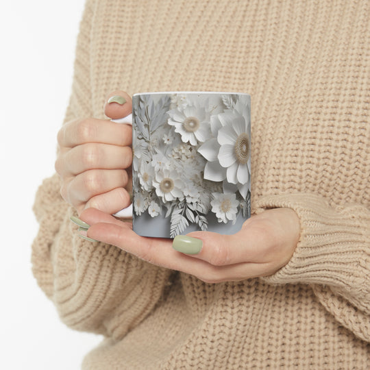 Mug, Elegant Floral Mug, White Floral Mug, Floral Mug, 3D Floral Mug, Secret Santa Gift, Gift Exchange Gift, Gift for her