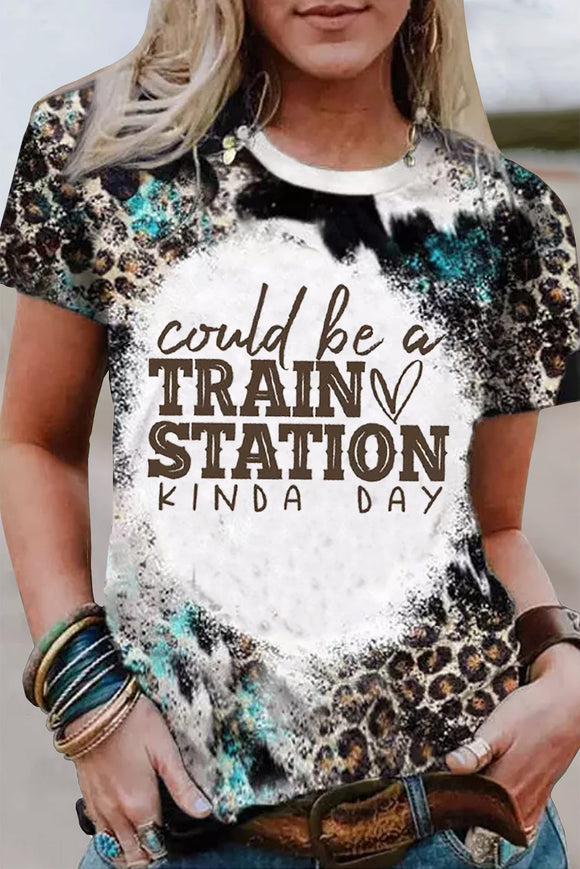 Apricot TRAIN STATION Graphic Leopard Print T Shirt