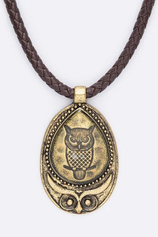 Vintage Owl Pendant Braided Leather Necklace