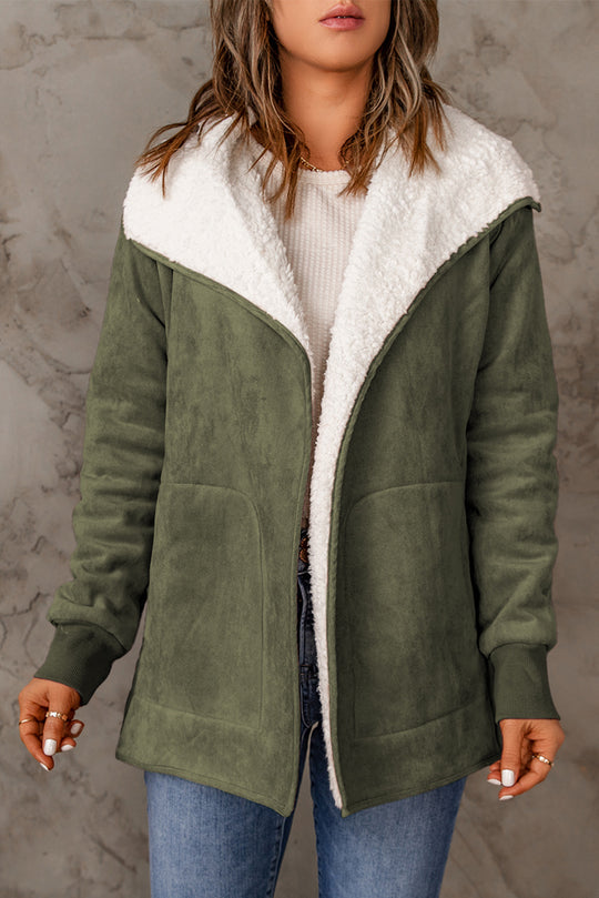 Green Faux Suede Fleece Lined Open Front Jacket