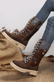Coffee Wool Knit Patchwork Lace Up Leather Boots