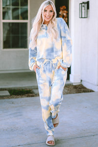 Multicolor Tie Dye Henley Top and Drawstring Pants Outfit