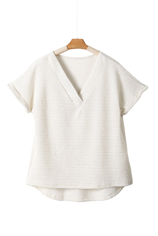 Pale Khaki Textured Wide Sleeve V Neck T Shirt