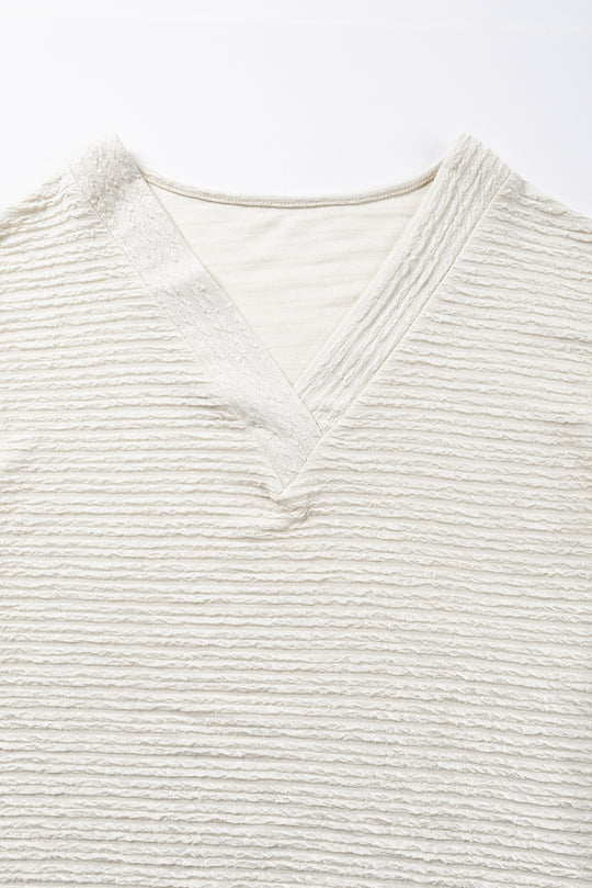 Pale Khaki Textured Wide Sleeve V Neck T Shirt