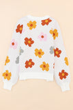 White Sweet Flower Knitted Ribbed Hem Sweater