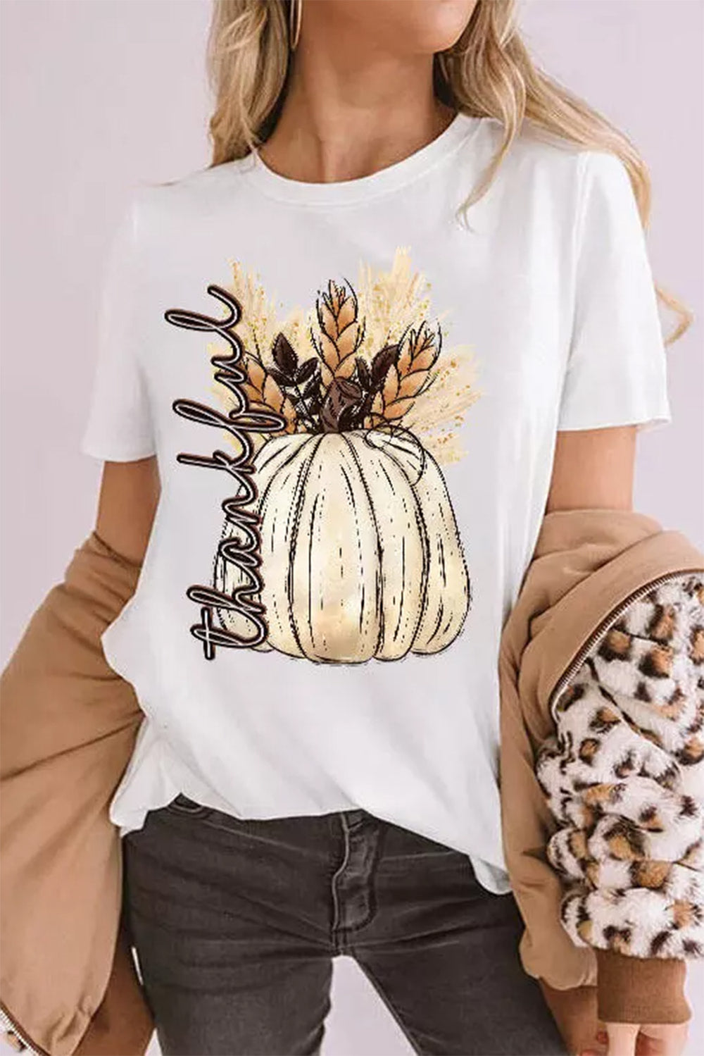 White Harvest Pumpkin Graphic Thanksgiving Tee