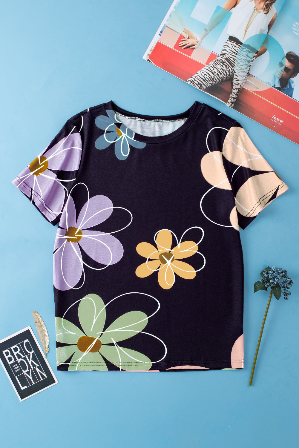 Black Summer Flower Print Casual Round Neck T Shirt