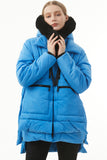 Blue Plush Linen Zip Up Hooded Puffer Coat