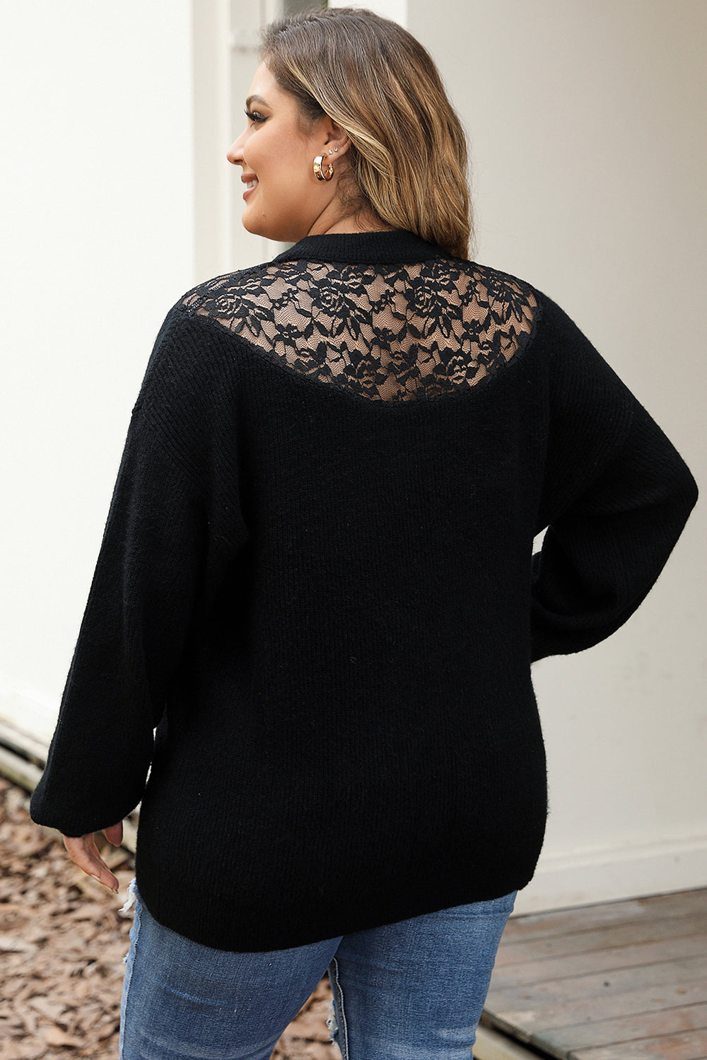 Black Plus Size Ribbed Knit Lace Splicing High Neck Sweater