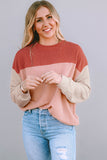 Fiery Red Color Block Long Sleeve Ribbed Loose Top