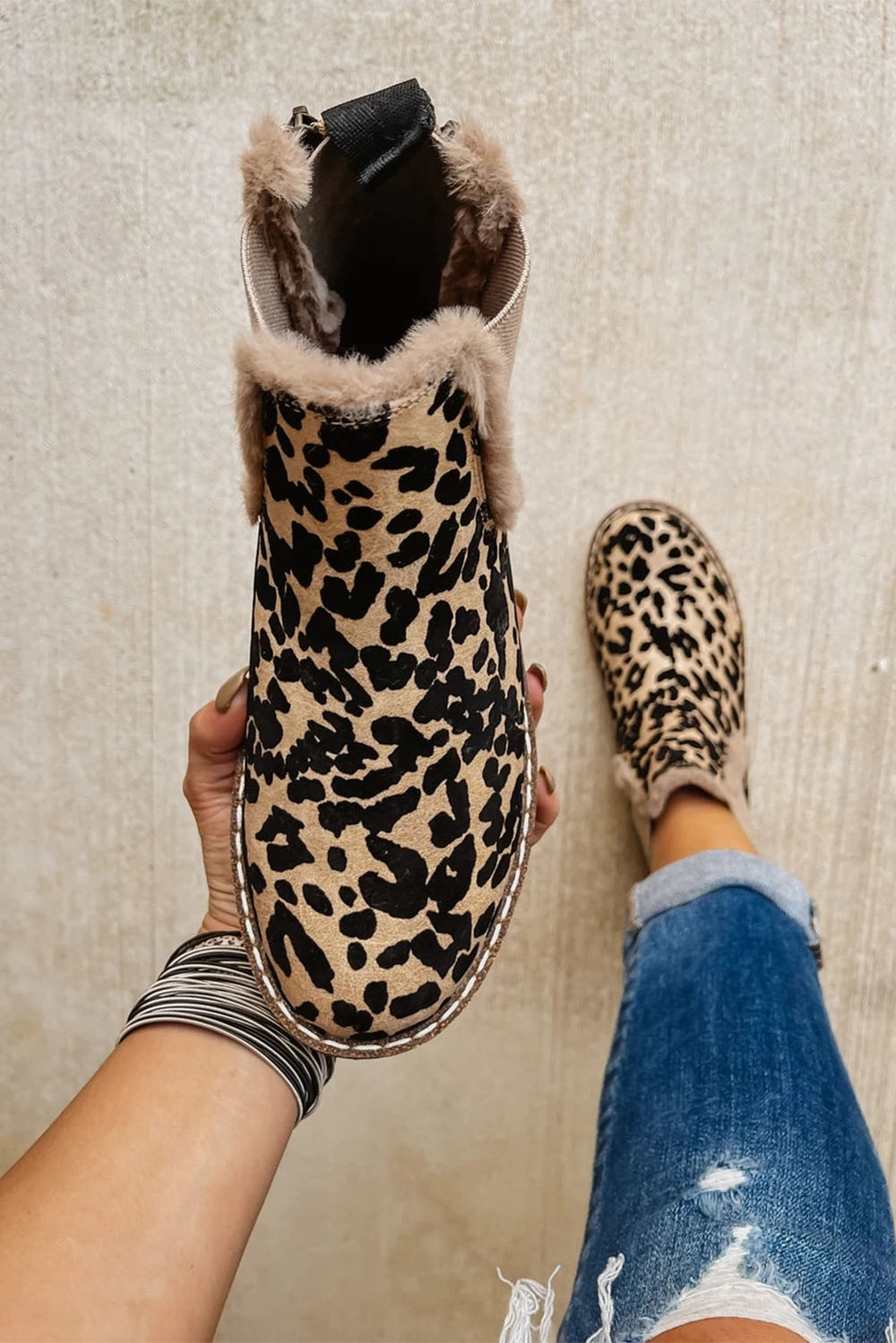 Leopard Zip Up Fleece Lining Chelsea Boots