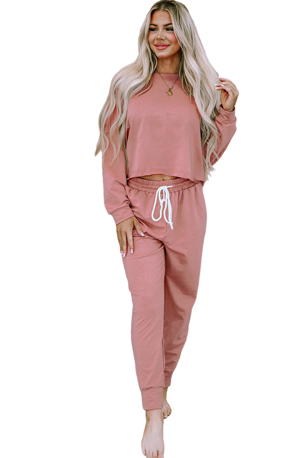 Pink Solid Sport Boxy Fit Pullover & Pants Outfit