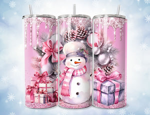 Snowman Tumbler, Pastel Christmas Tuumbler, Pink Snowman Tumbler