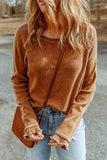 Brown Textured Round Neck Long Sleeve Top