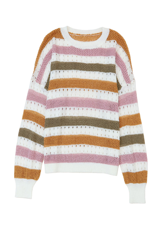 Multicolor Striped Hollowed Knitted Loose Sweater