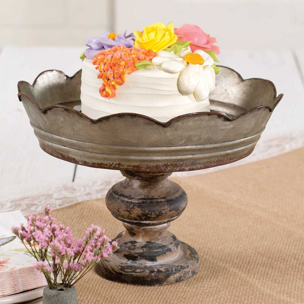 Scalloped rim Galvanized Metal and Wood Cake Stand