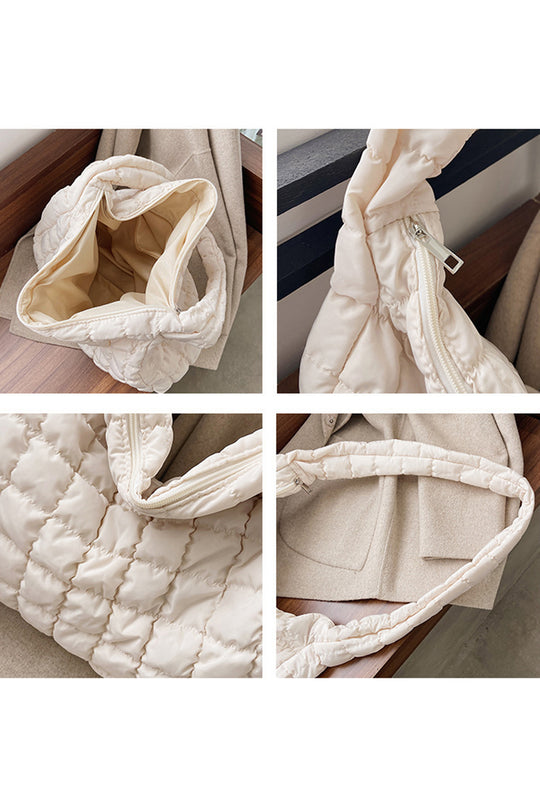 White Quilted Zipper Large Shoulder Bag