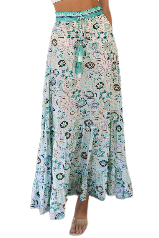 Sky Blue Boho Floral Print Maxi Skirt