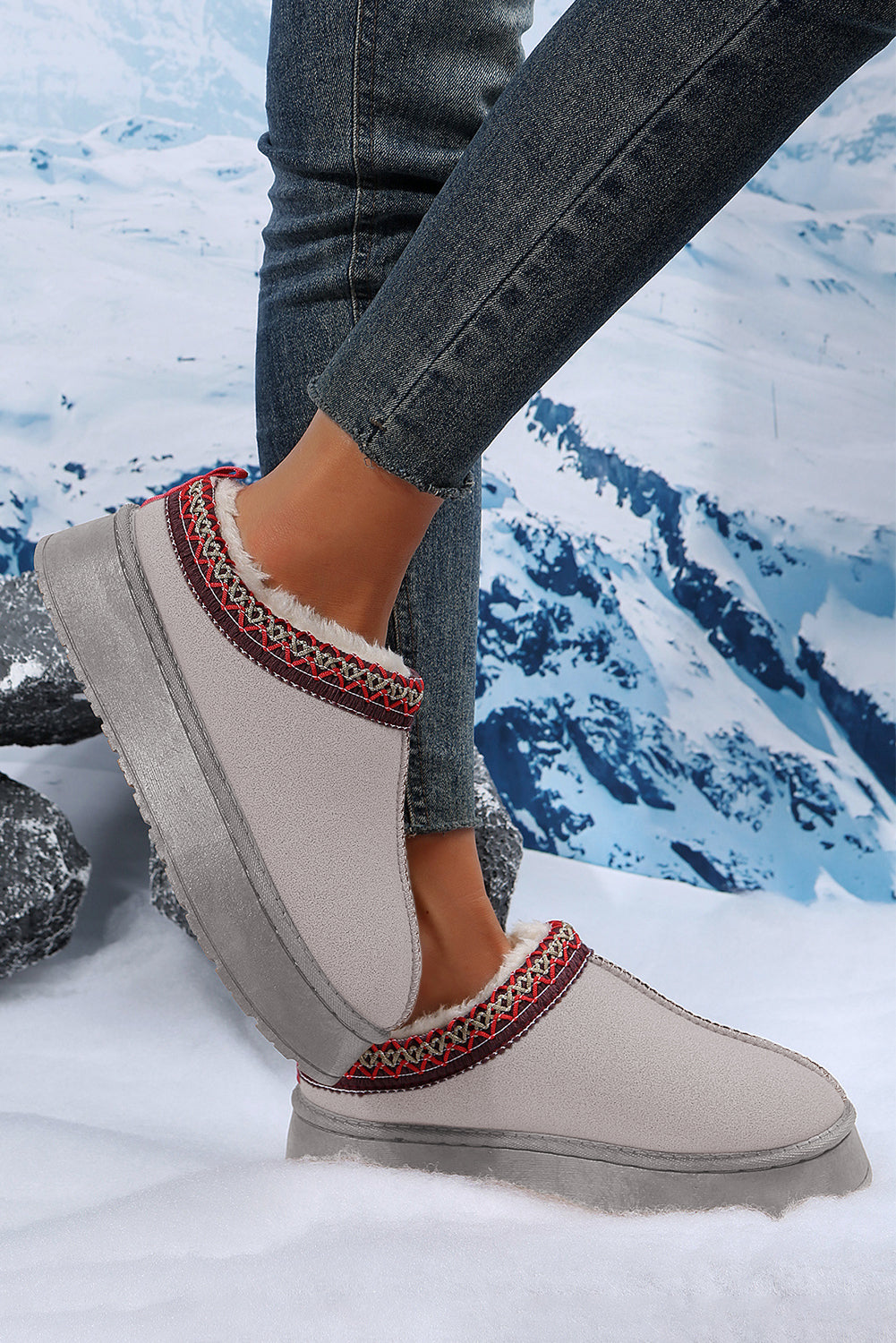 Gray Suede Contrast Print Plush Lined Snow Boots