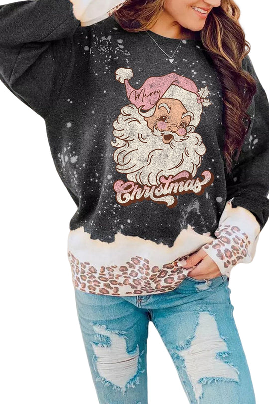 Black Christmas Santa Claus Leopard Print Graphic Sweatshirt