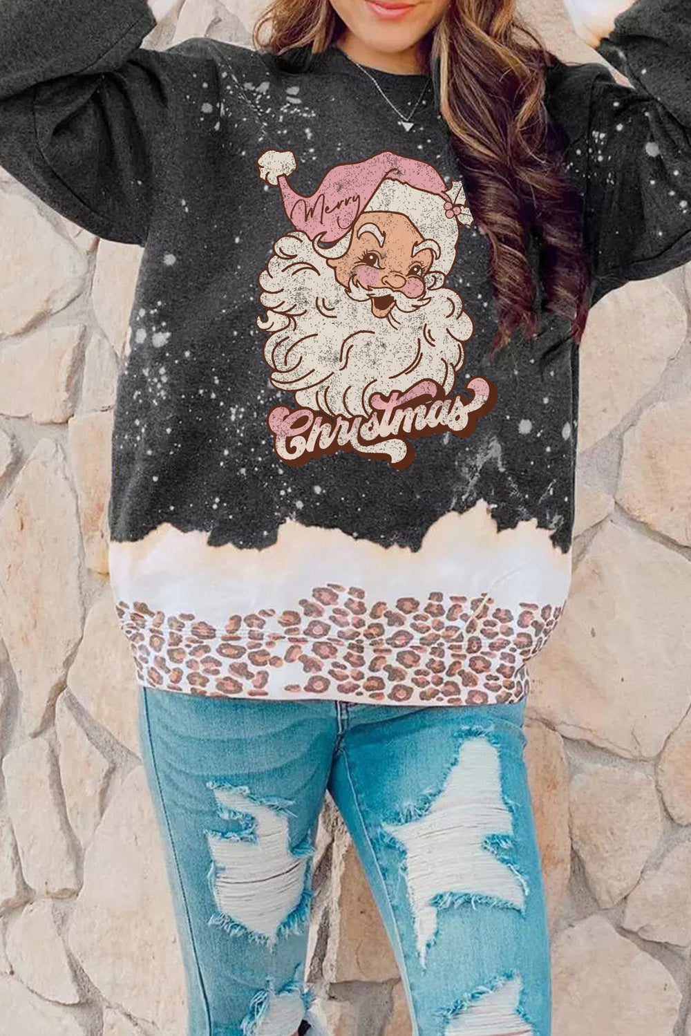 Black Christmas Santa Claus Leopard Print Graphic Sweatshirt