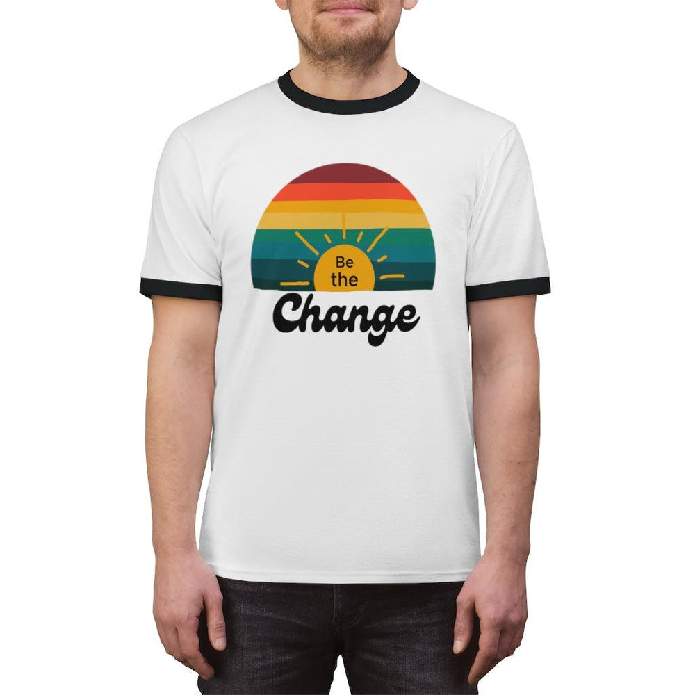 Be the Change Retro Rainbow Ringer Shirt, Be The Change Shirt, Mantra Shirt, Inspirational Shirt, Retro Shirt, Retro Rainbow Shirt, Plus Size Ringer Shirt - Santa Anna's Christmas Shop